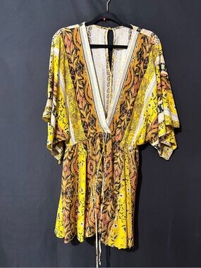 Free People Yellow and Brown Printed V-Neck Drawstring Romper